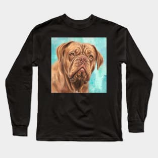 Frontal Painting of a Majestic Dogue de Bordeaux on Light Blue Background Long Sleeve T-Shirt